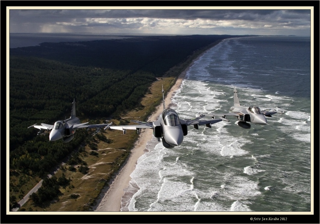 41 Jas-39 Gripen nad pobřežím Baltu